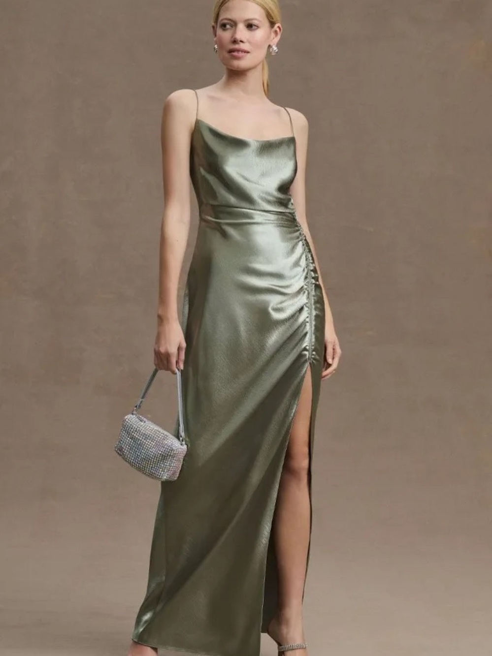 Sachin + Babi Olive Green Satin Cowl Slip Dress with Side Ruched Slit